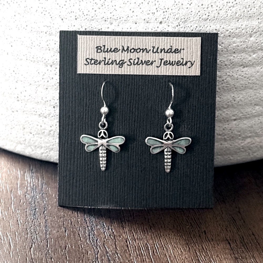 925 Sterling Silver Dragonfly Dangle Earrings with Ceramic Green Stone! NEW!